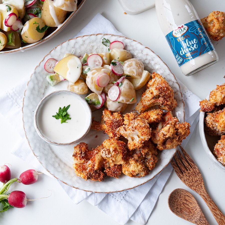 Spicy Cauliflower Wings with Potato Salad