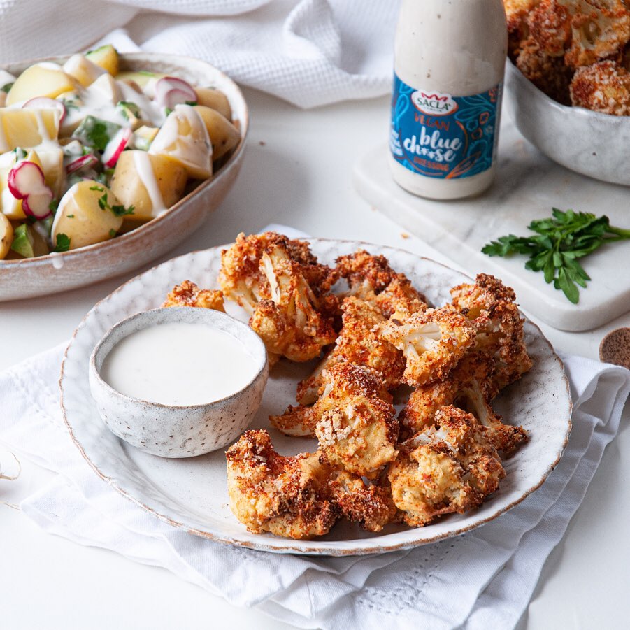 Spicy Cauliflower Wings with Potato Salad