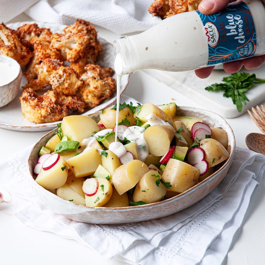 Spicy Cauliflower Wings with Potato Salad