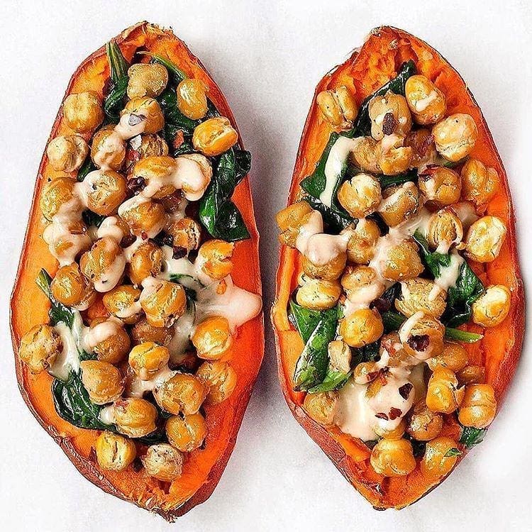 Chickpea Spinach Stuffed Sweet Potatoes