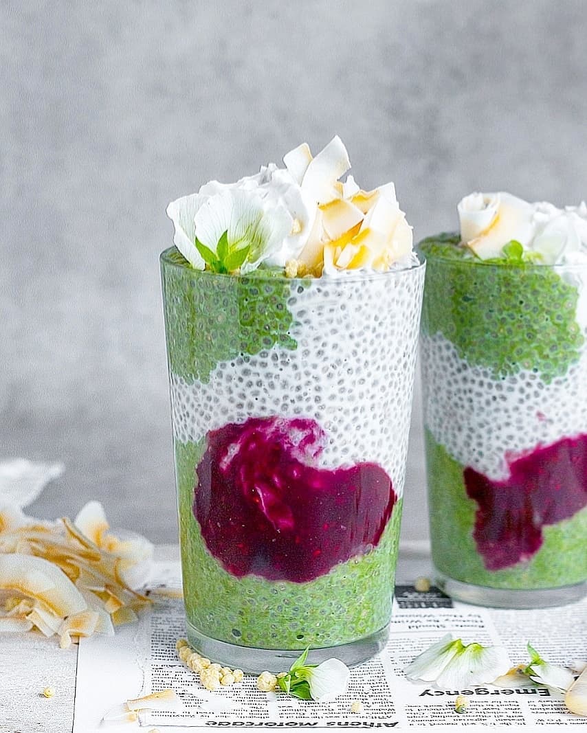 Delicious Matcha Chia Pudding with Berry Compote