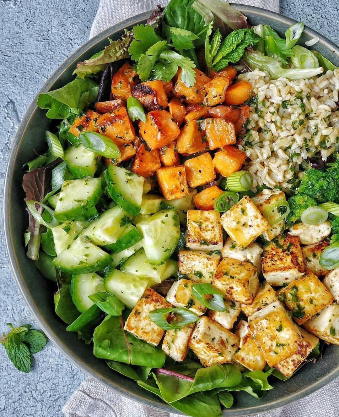 Seasoned Tofu and Roasted Sweet Potato Bowl with Orange Vinaigrette