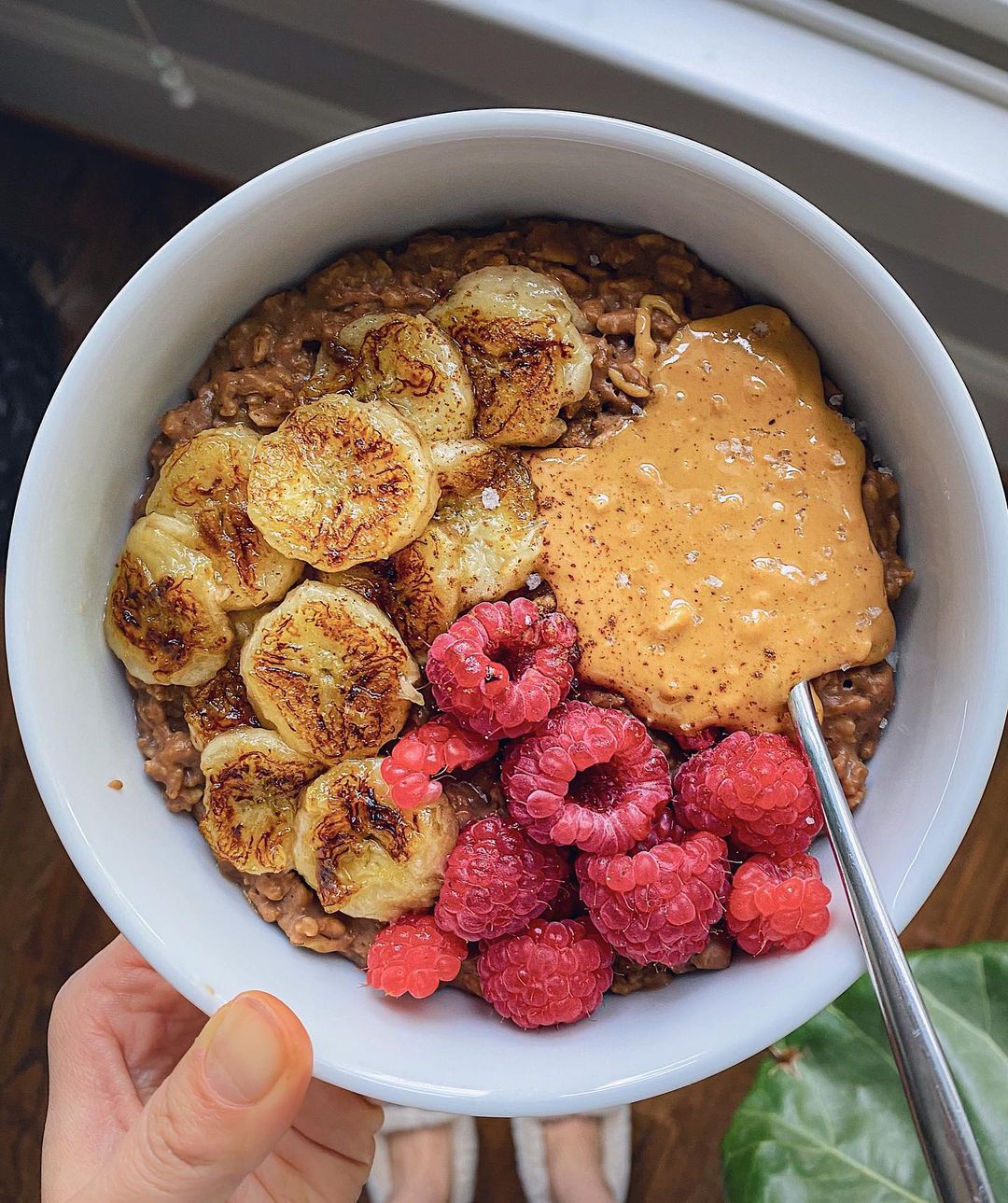 Chocolate Oats with Salted Peanut Butter and Caramelized Banana