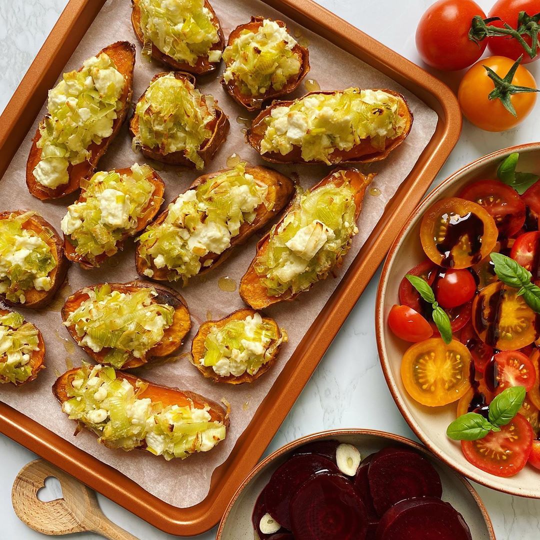 Baked Sweet Potato with Leeks and Feta