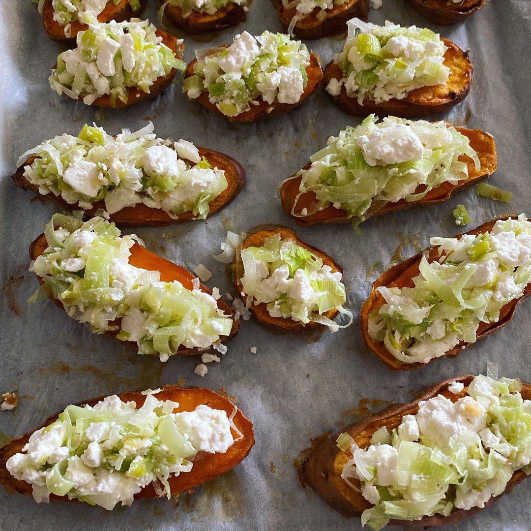 Baked Sweet Potato with Leeks and Feta