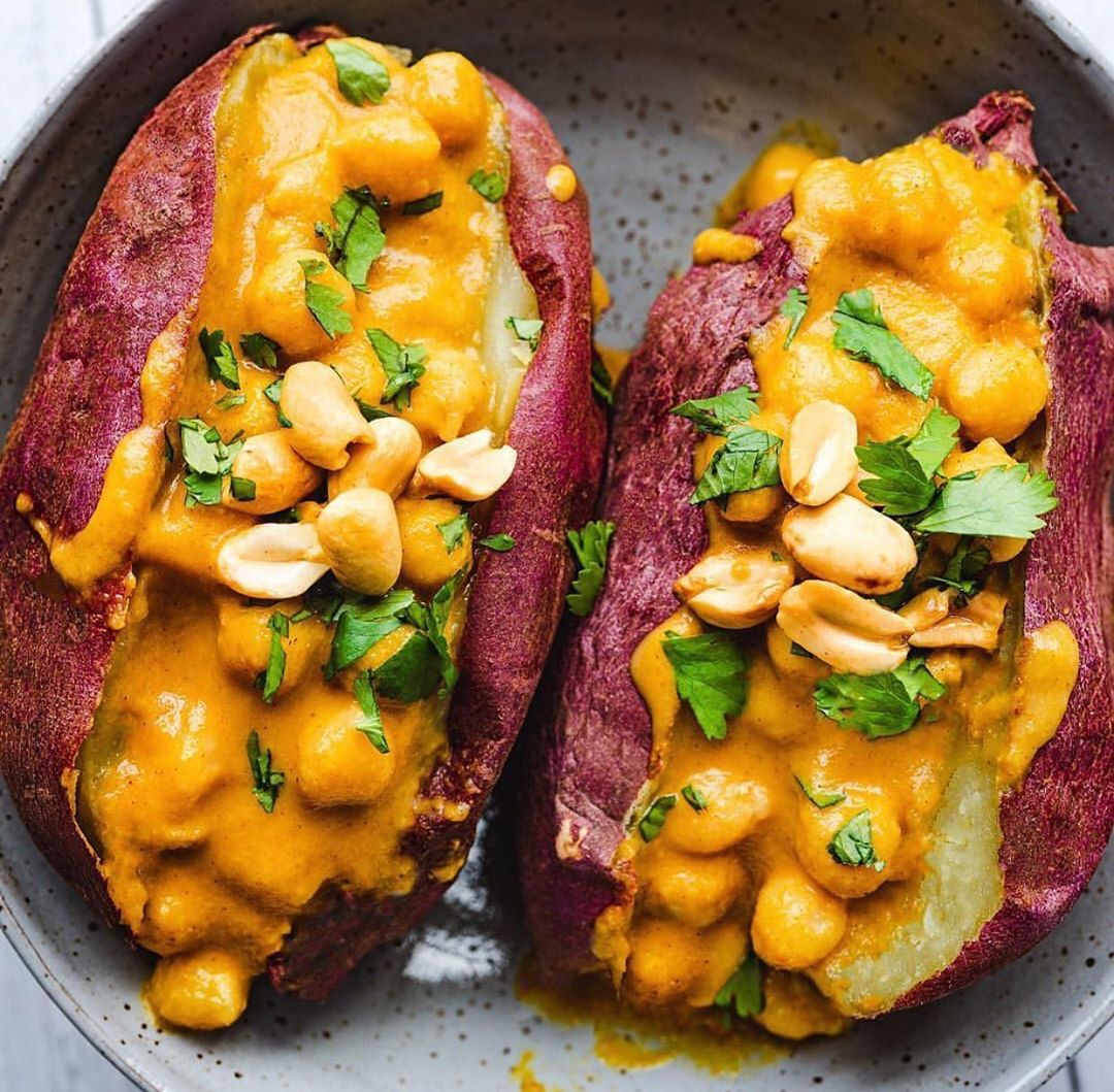 Chickpea Massoman Curry-Loaded Sweet Potatoes