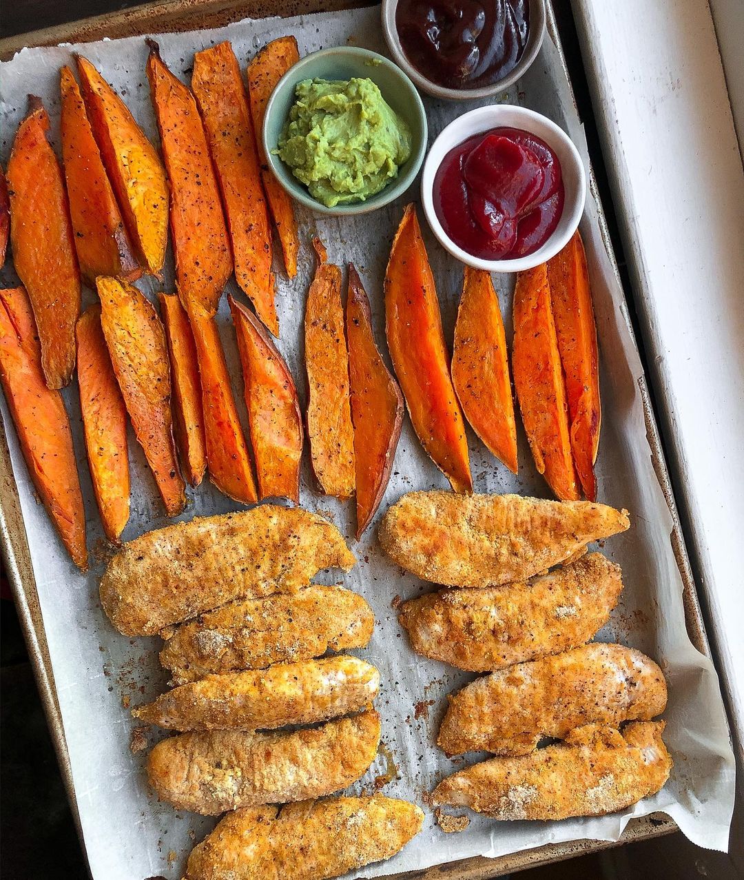Sheet Pan Chicken Tenders and Sweet Potato Fries