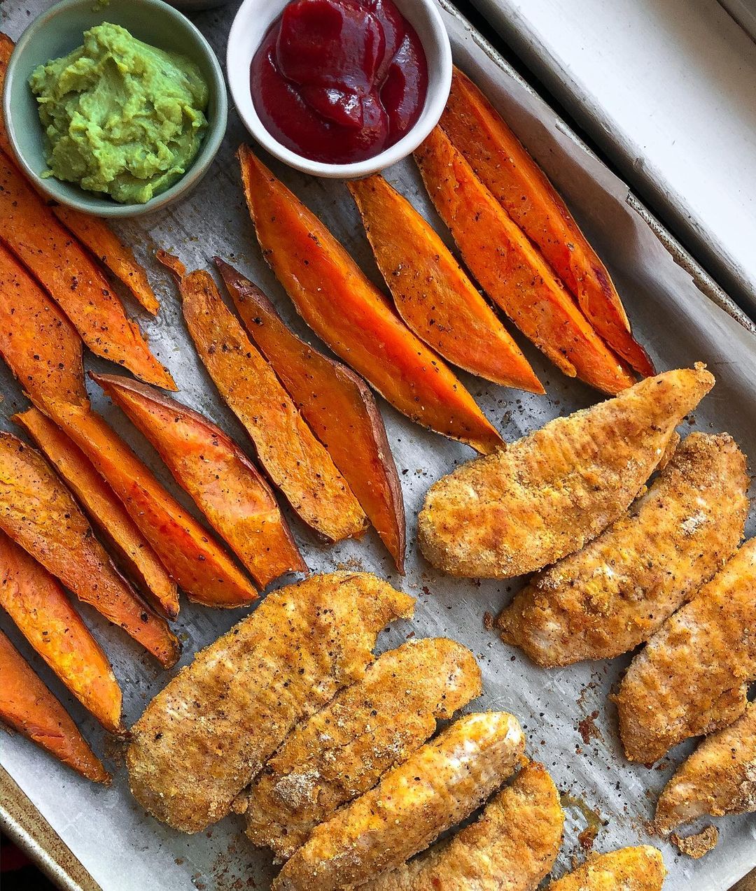 Sheet Pan Chicken Tenders and Sweet Potato Fries