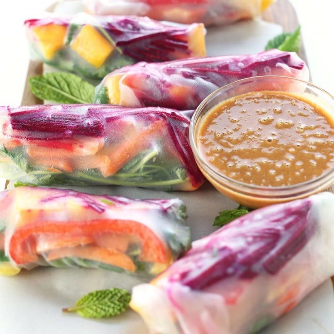 Rainbow Spring Rolls with Ginger Peanut Sauce