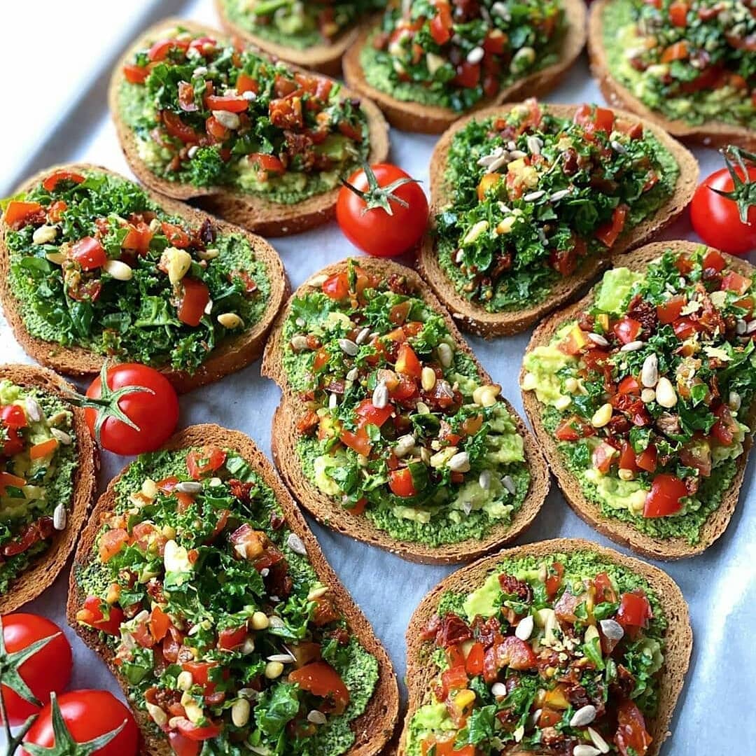 Our Toast Is Topped with Homemade Oil Free Spinach-Basil-Kale Pesto