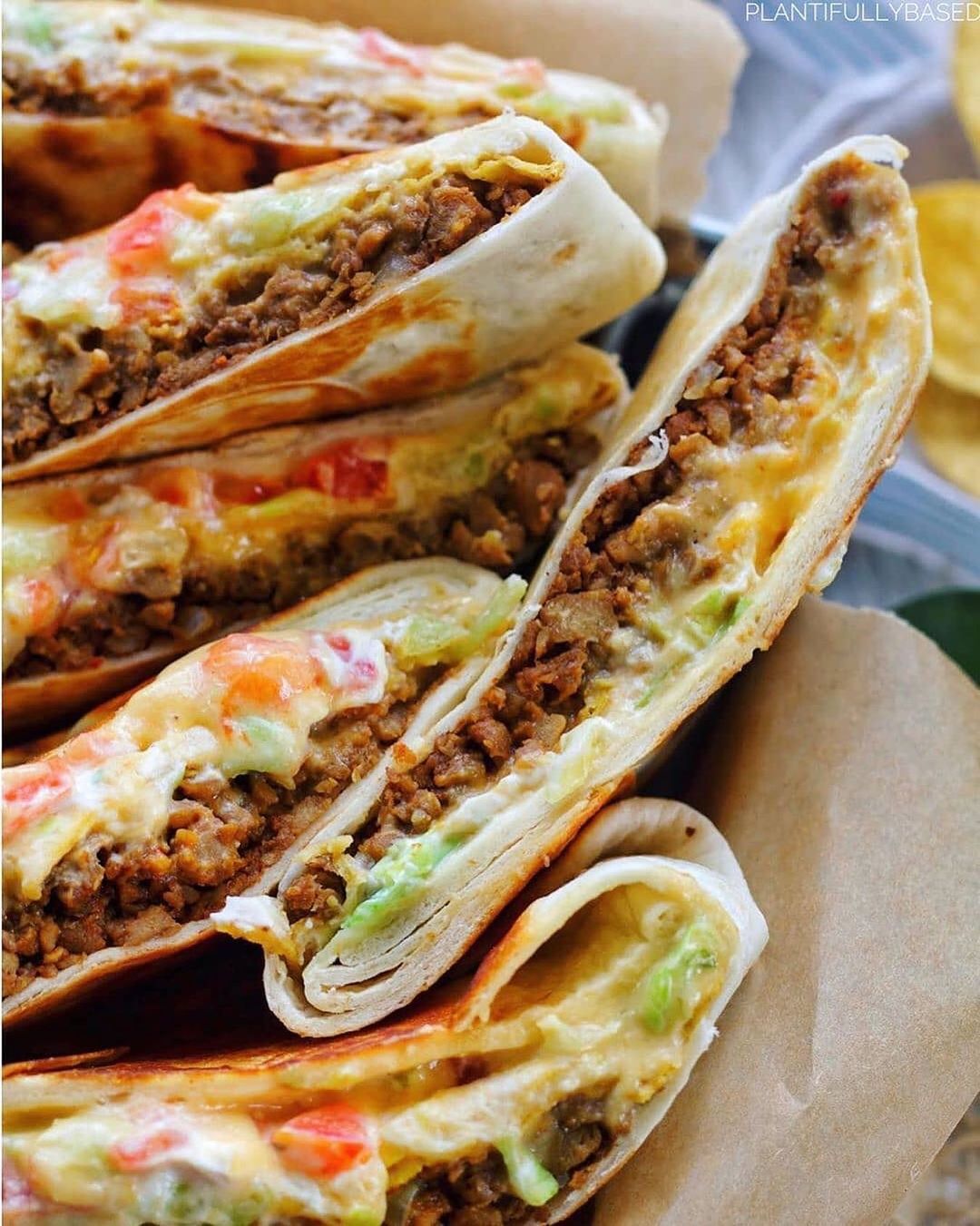 Vegan Crunchwrap with Taco Seasoned Beef and Cheese Sauce