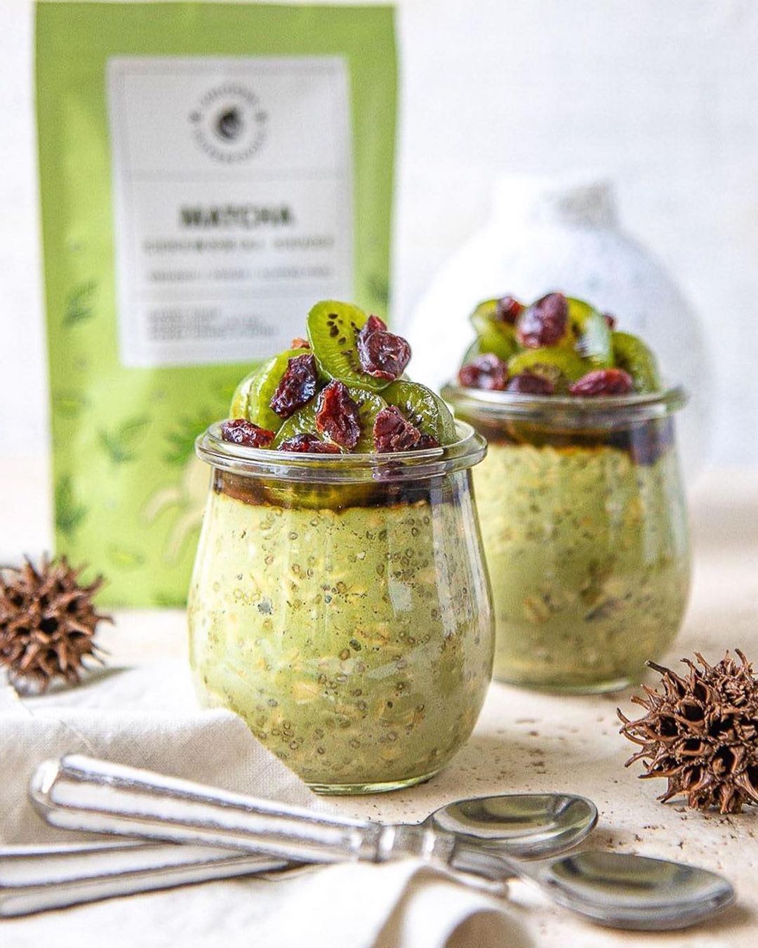 Matcha Overnight Oats with Kiwiberries and Raisins
