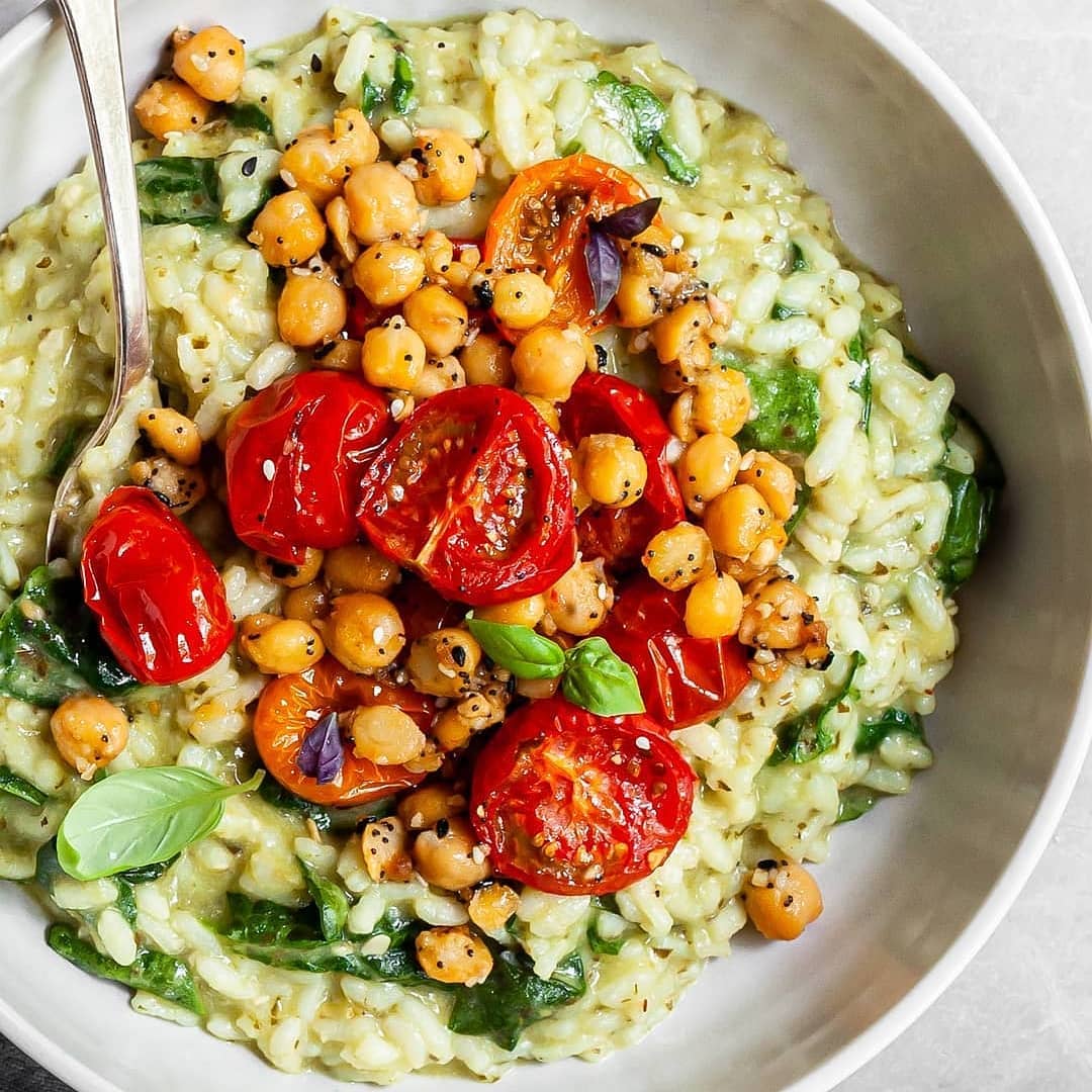 Pesto Risotto with Roasted Chickpeas and Tomatoes