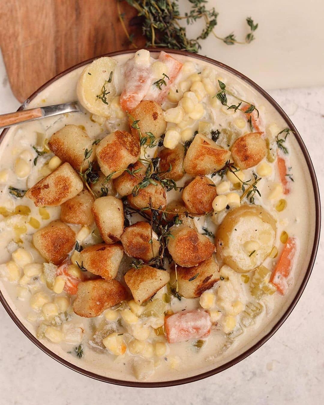 Creamy Vegan Corn Potato Chowder with Crispy Gnocchi