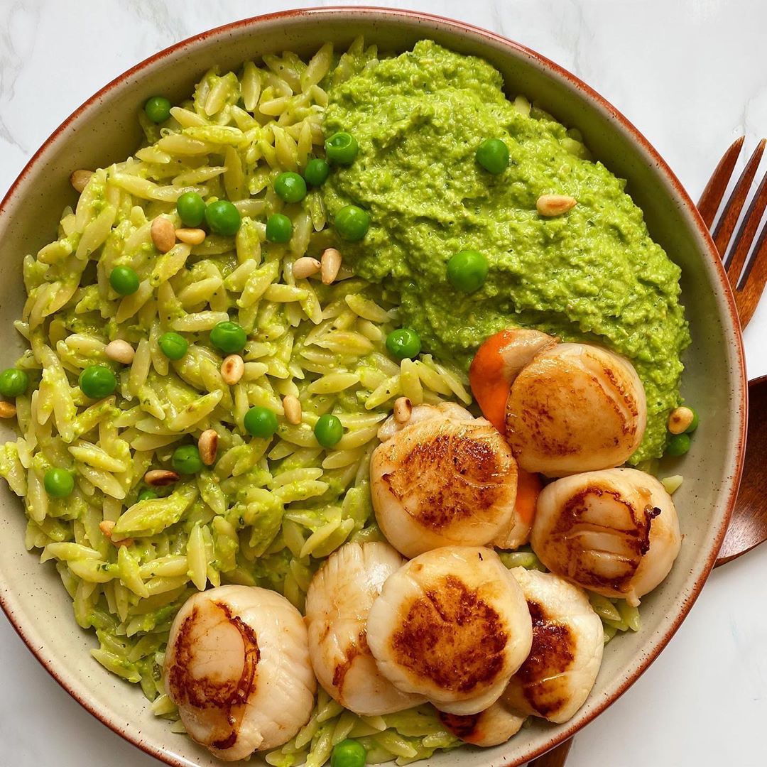 Seared Scallops and Pea Pesto Orzotto