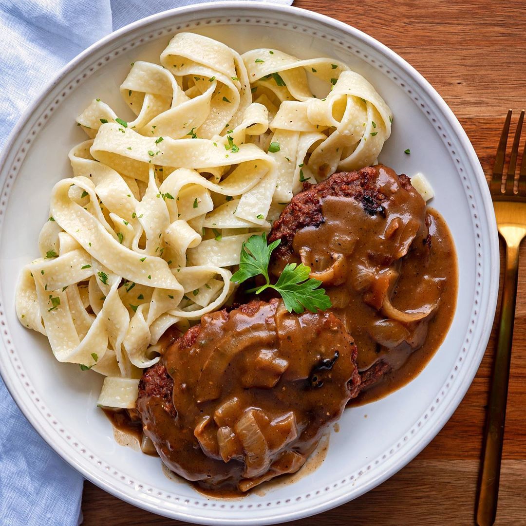 Vegan Salisbury Steak with Onion Gravy and Noodles