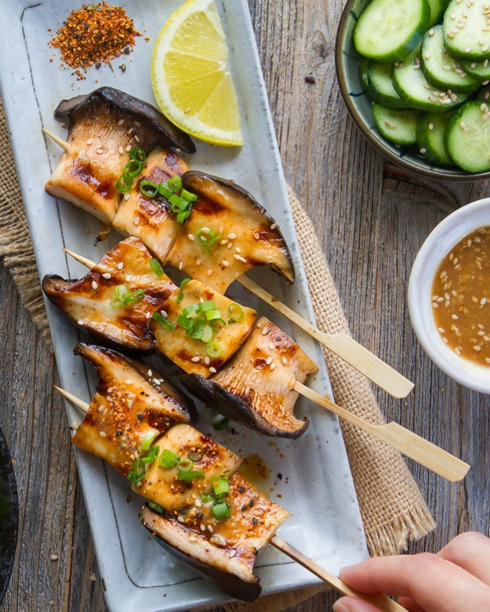Grilled Mushrooms with Spicy Teriyaki Sauce and Cucumber Salad