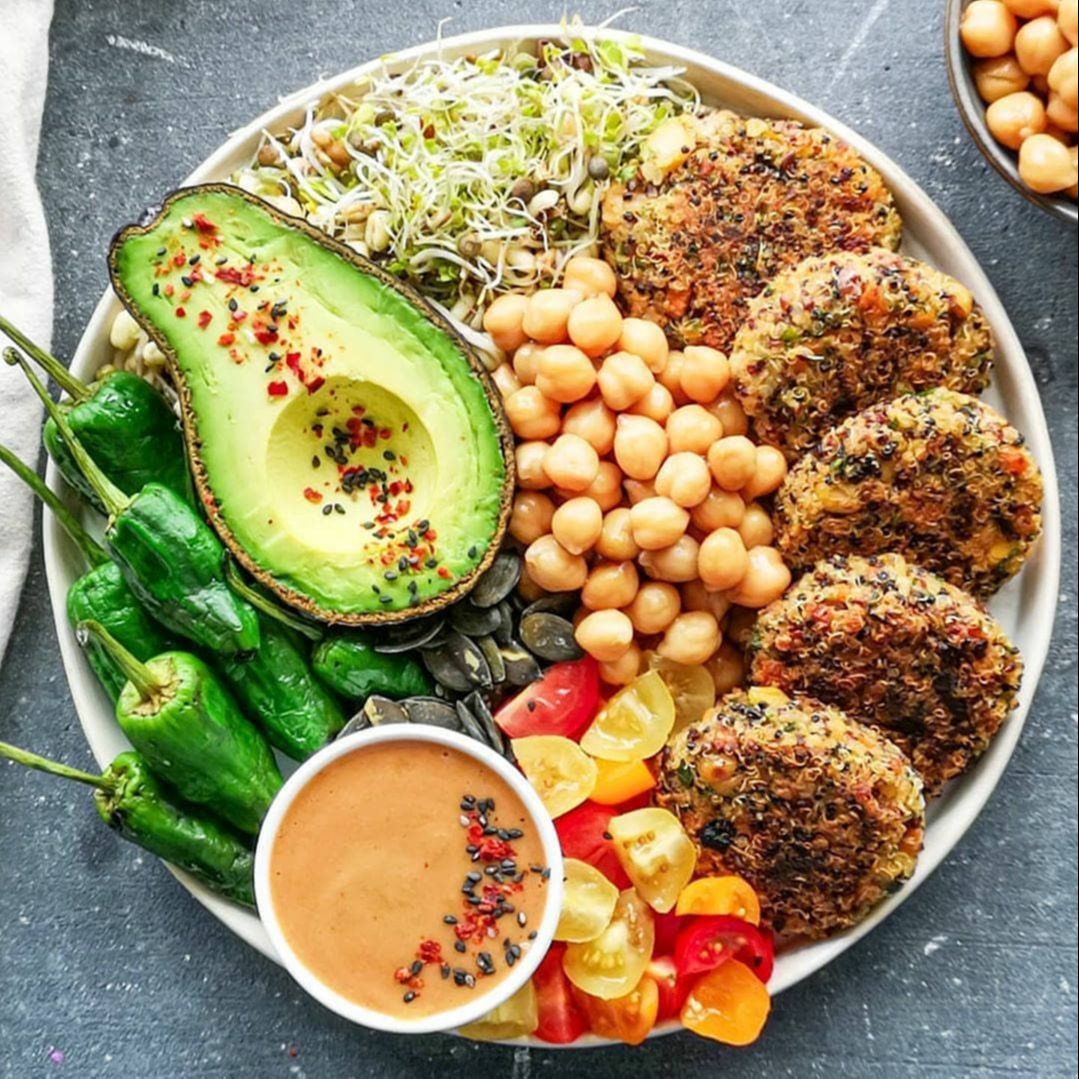 Loaded Bowl with Quinoa Chickpea Patties