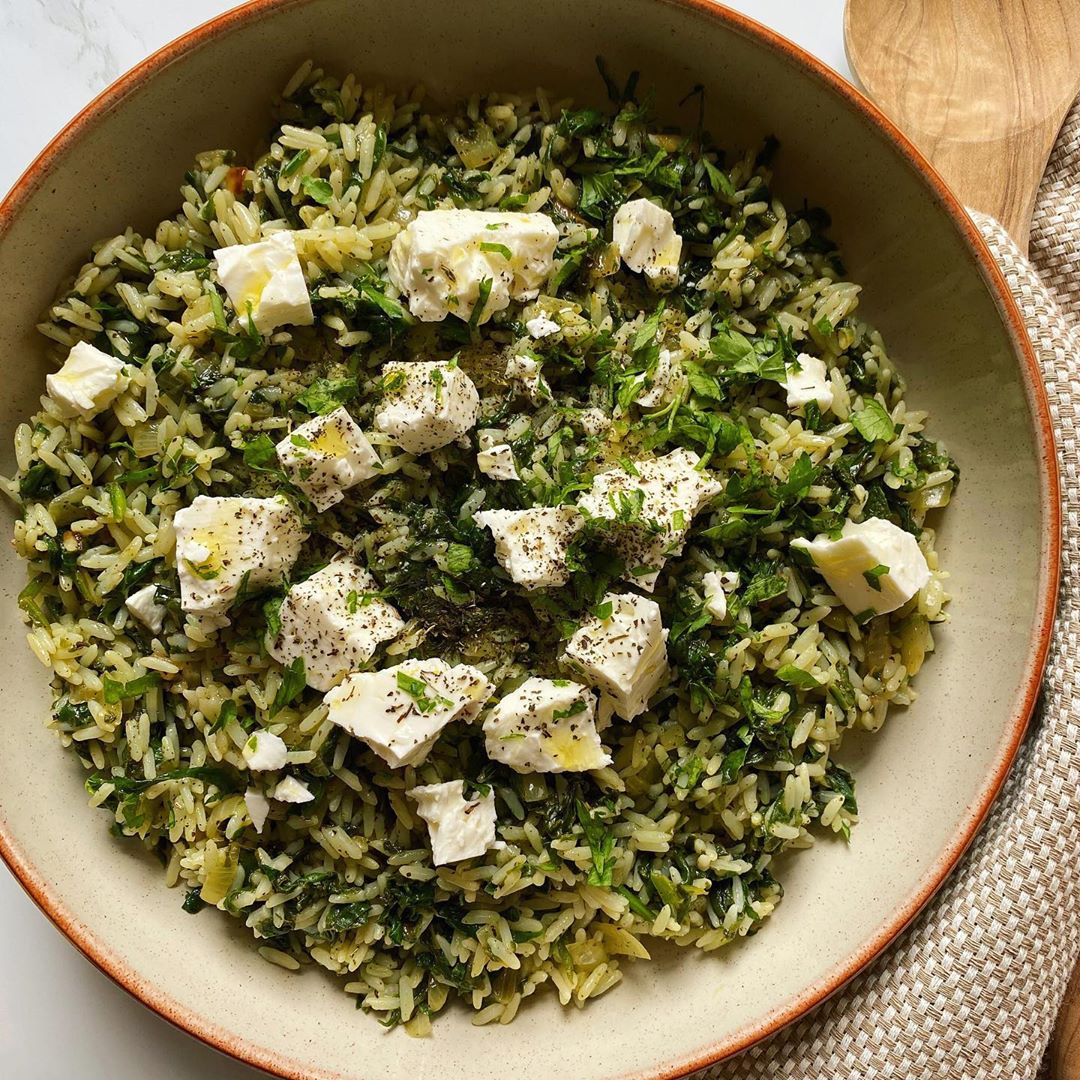 Greek Spinach Rice with Feta and Mint
