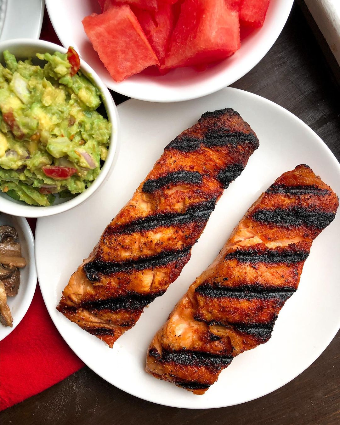 Grilled Salmon with Sweet Potatoes and Mushrooms