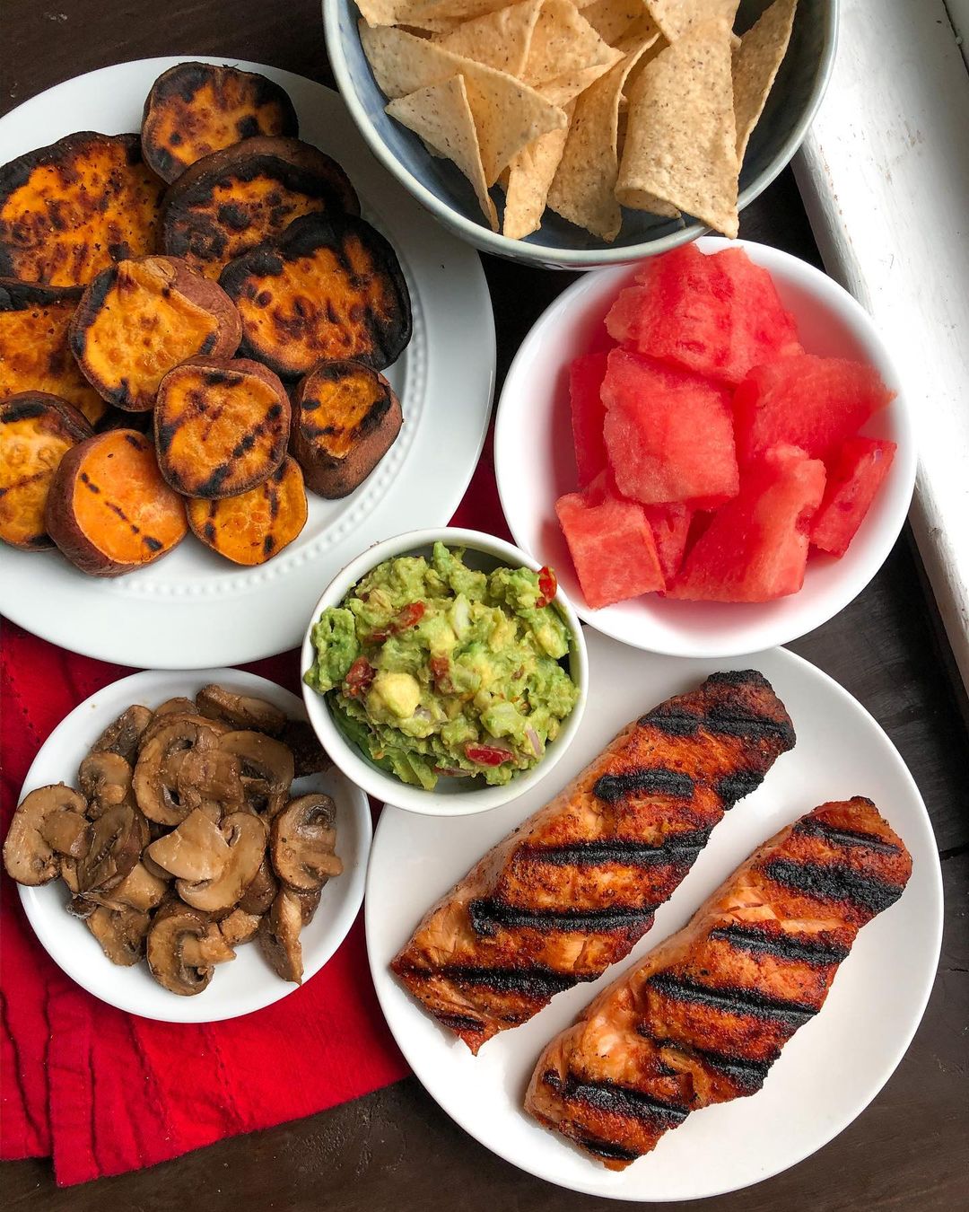 Grilled Salmon with Sweet Potatoes and Mushrooms