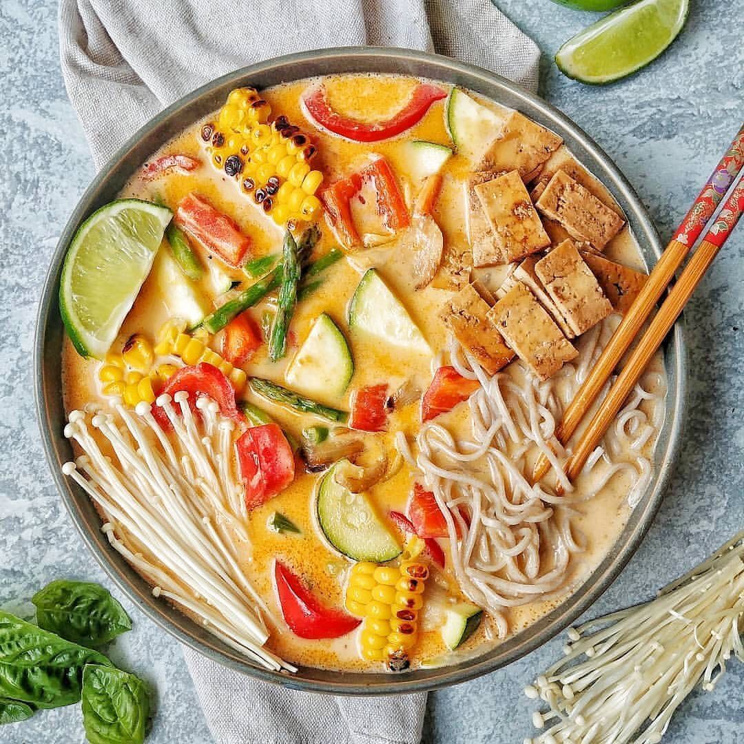 Thai Inspired Vegetable Noodle Soup with Smoked Tofu