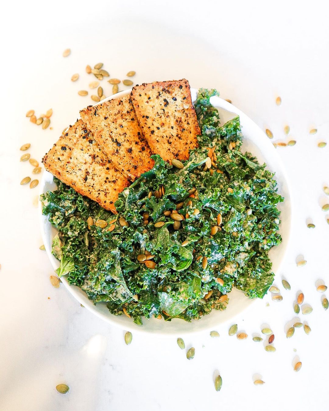 Garlic Tahini Kale Salad W Crispy Tofu