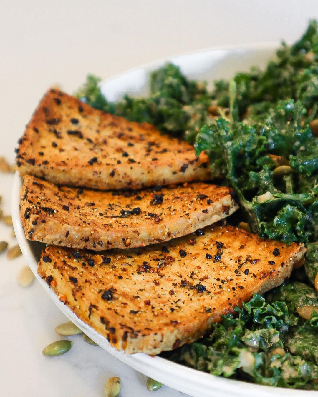 Garlic Tahini Kale Salad W Crispy Tofu