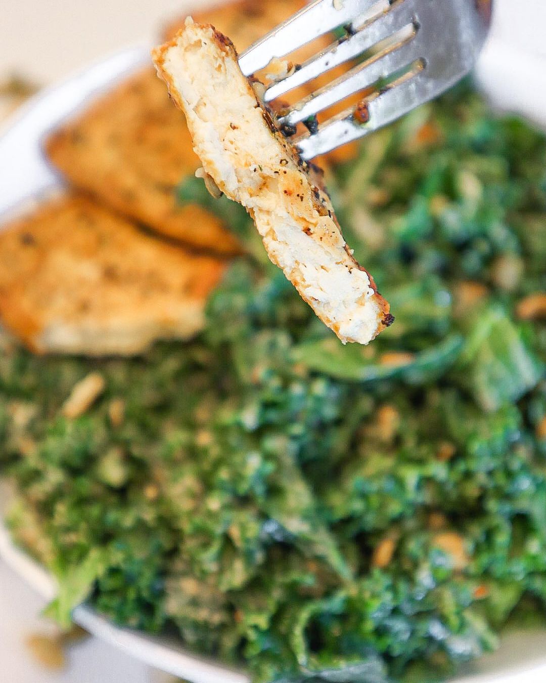 Garlic Tahini Kale Salad W Crispy Tofu