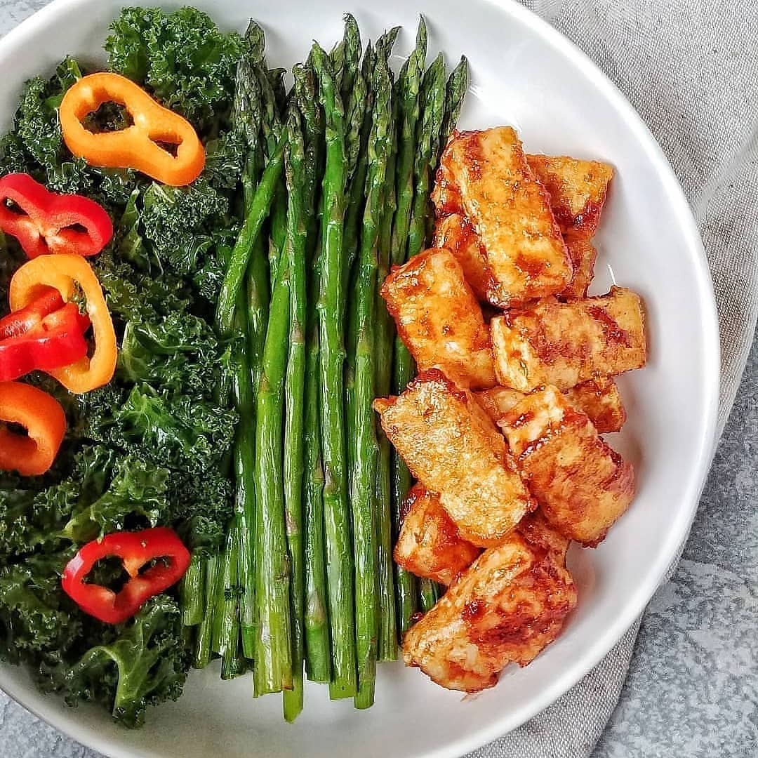 BBQ Tofu with Roasted Asparagus and Kale Salad