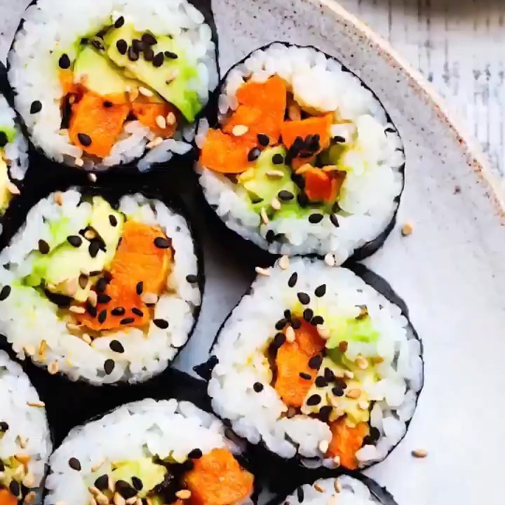 Vegan Miso Sweet Potato and Avocado Sushi Rolls