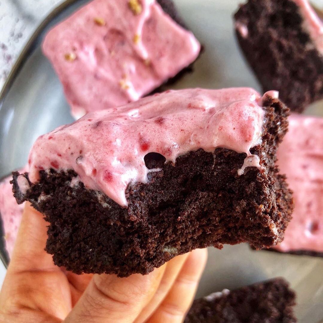 Super Fudgy Brownies Topped with the Easiesttttt Raspberry Whip