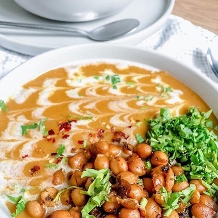 Creamy Carrot and Ginger Soup with Curried Chickpeas