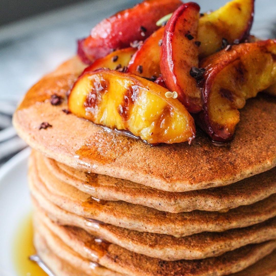 Coconut Peach Pancakes with Grilled Peaches