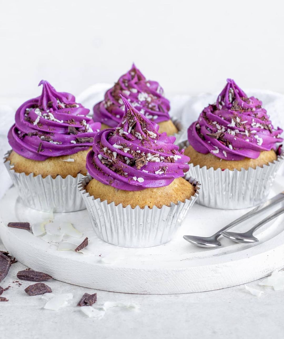 Purple Acai Cupcakes with Coconut Chocolate Frosting