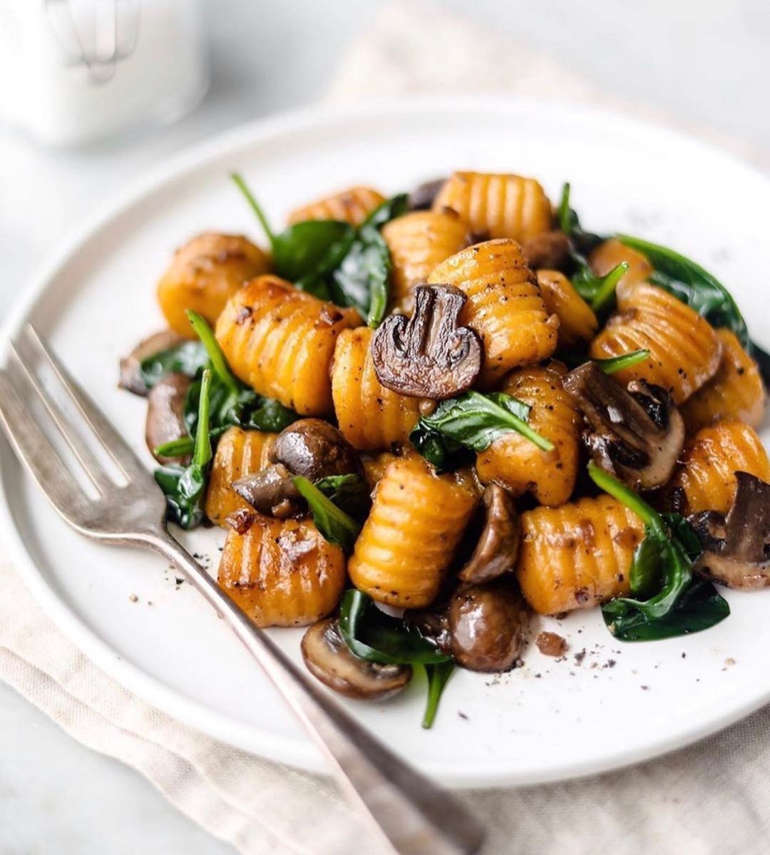 Gluten-Free Sweet Potato Gnocchi with Spinach and Mushrooms
