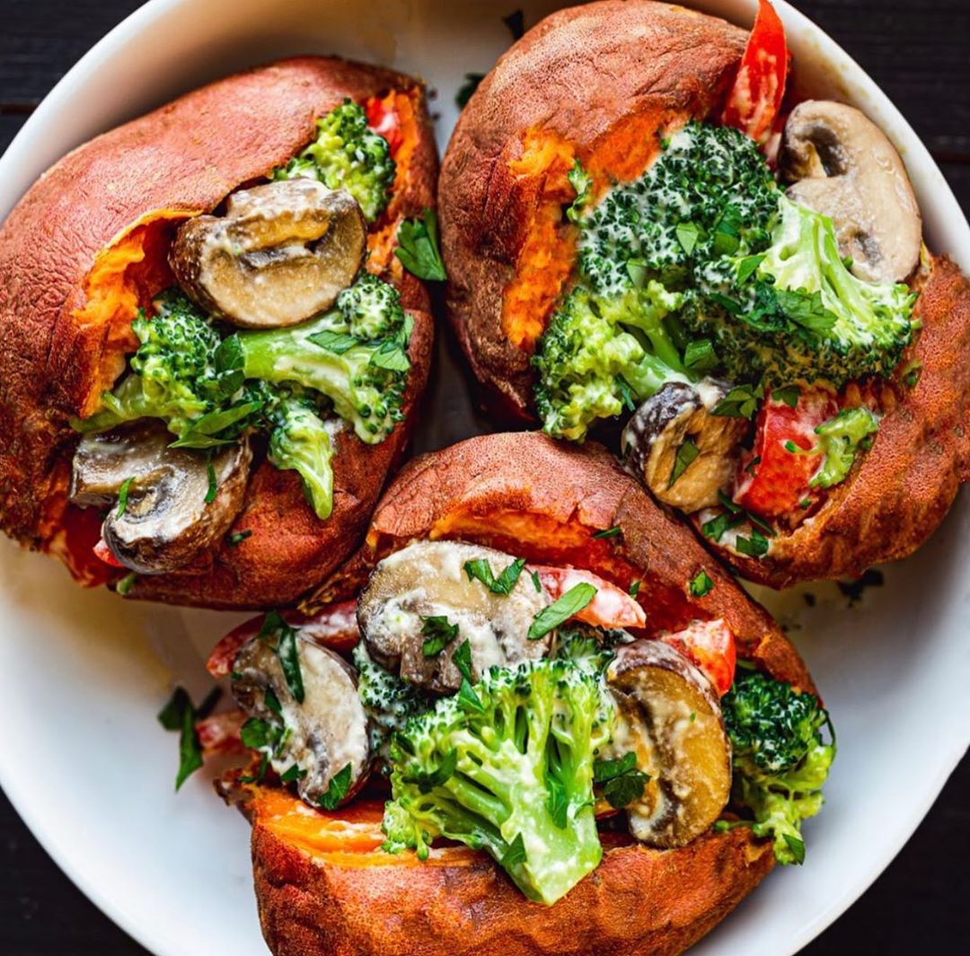 Cheesy Veggie Loaded Sweet Potatoes