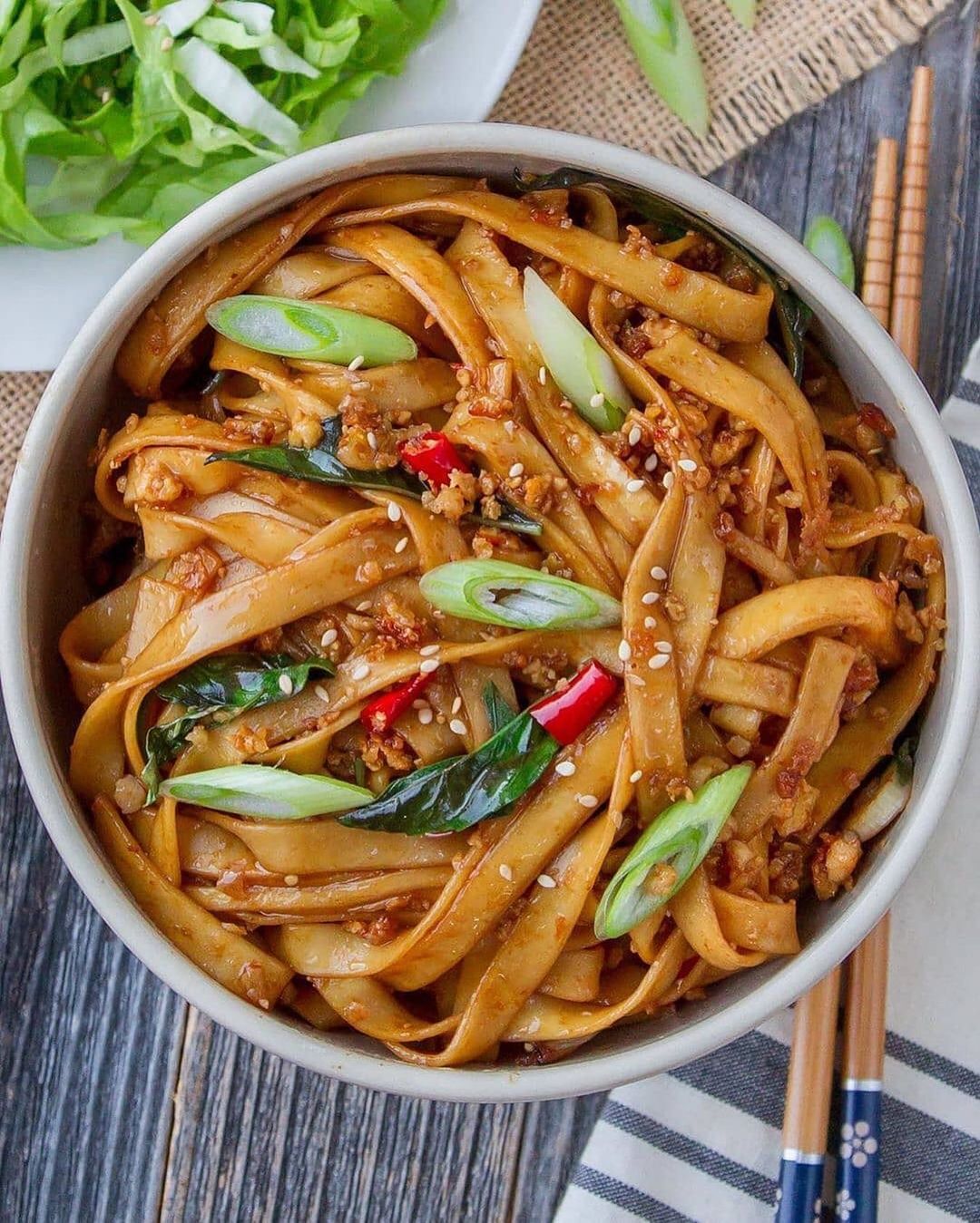 Spicy Basil Noodles with Minced Tofu