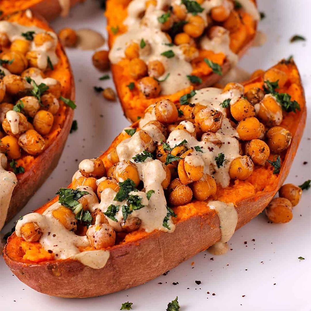 Baked Loaded Sweet Potatoes with Chickpeas