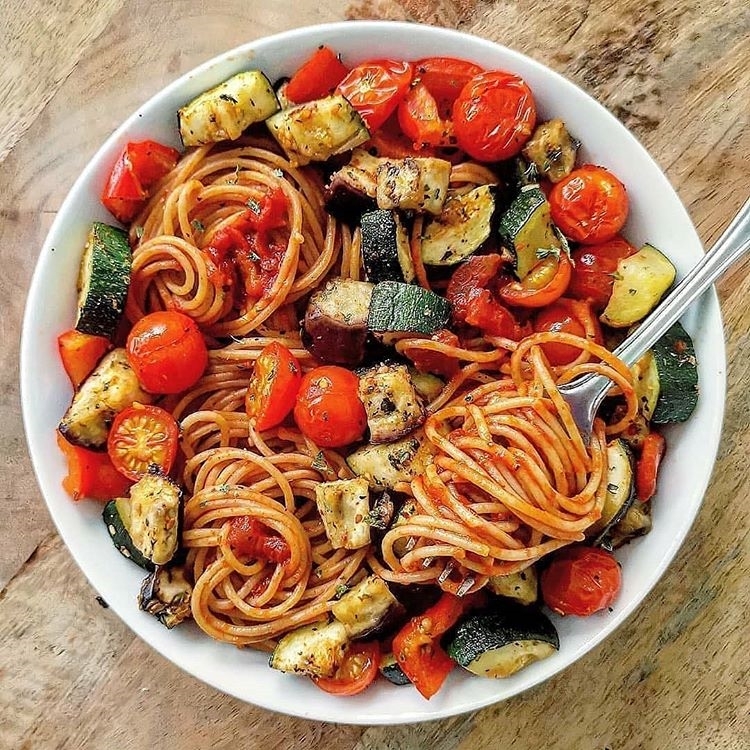 Roasted Vegetable Pasta with Zucchini, Eggplants, Peppers, and Tomatoes