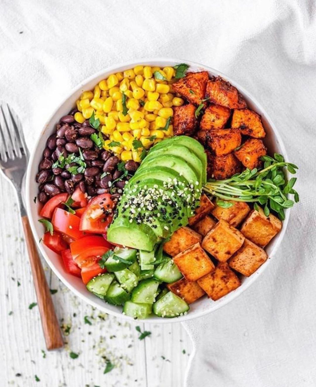 Vegan Burrito Bowl with Sweet Potato and Tofu