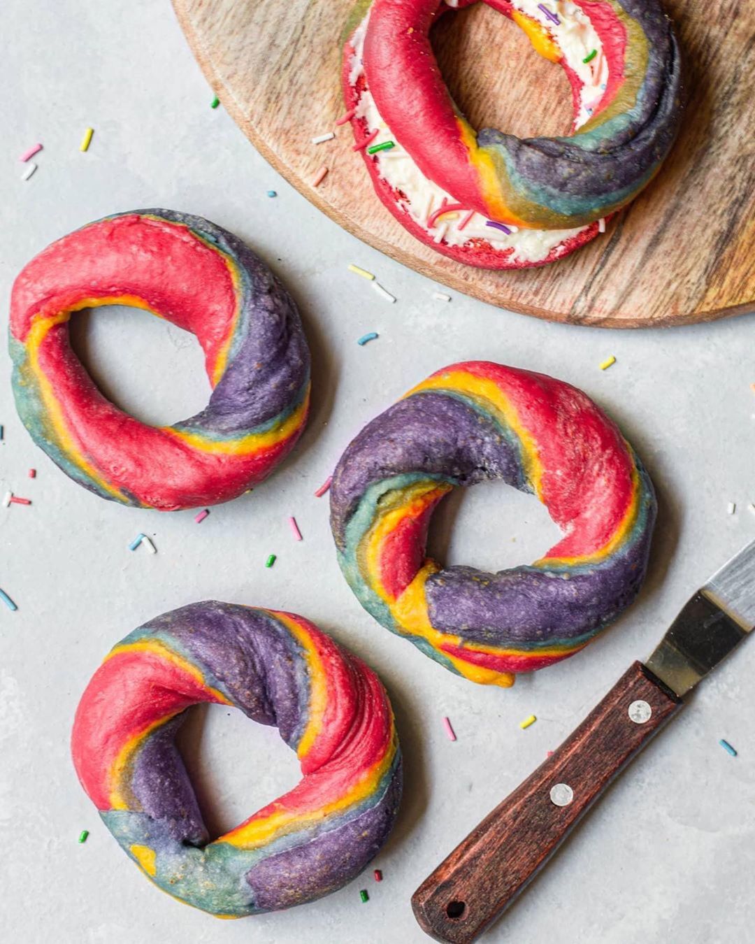 Vibrant Rainbow Bagels with Yogurt Dough