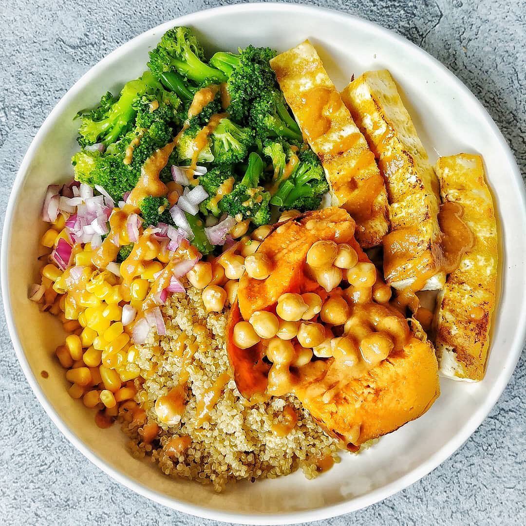 Sweet Potato and Crispy Tofu Bowl with Peanut Sauce