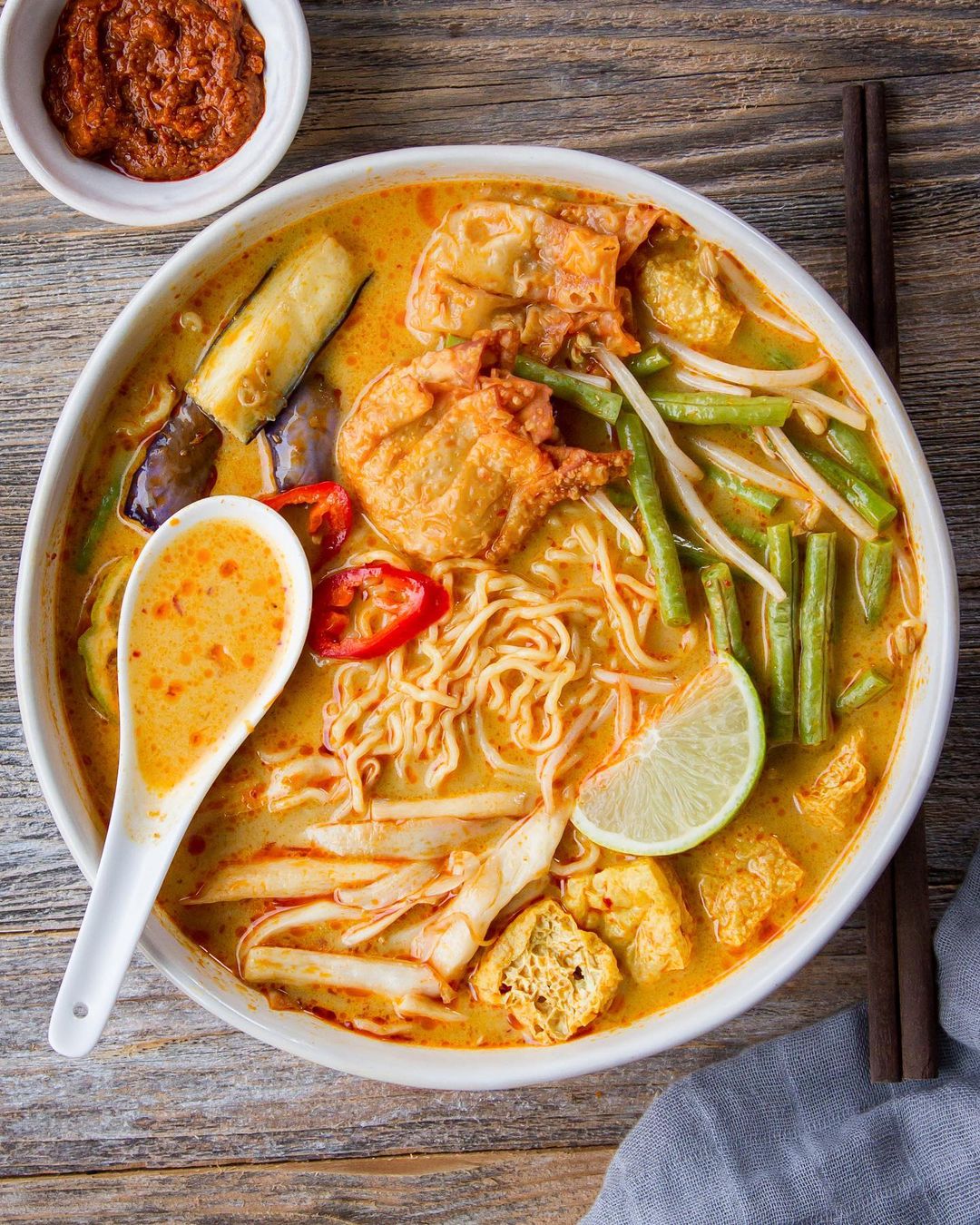 Spicy Curry Laksa Noodle Soup with Toppings