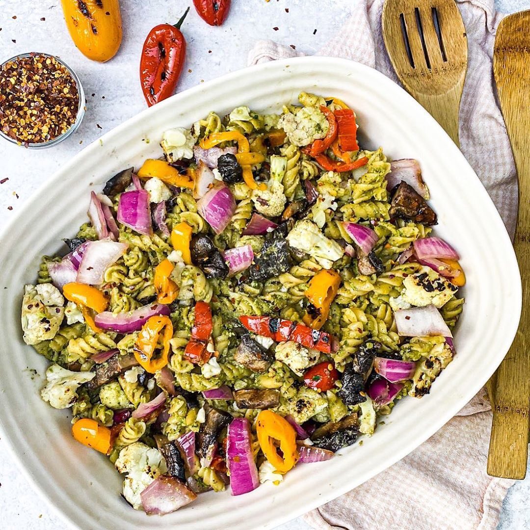 Grilled Veggie and Chickpea Pasta with Cilantro Pesto