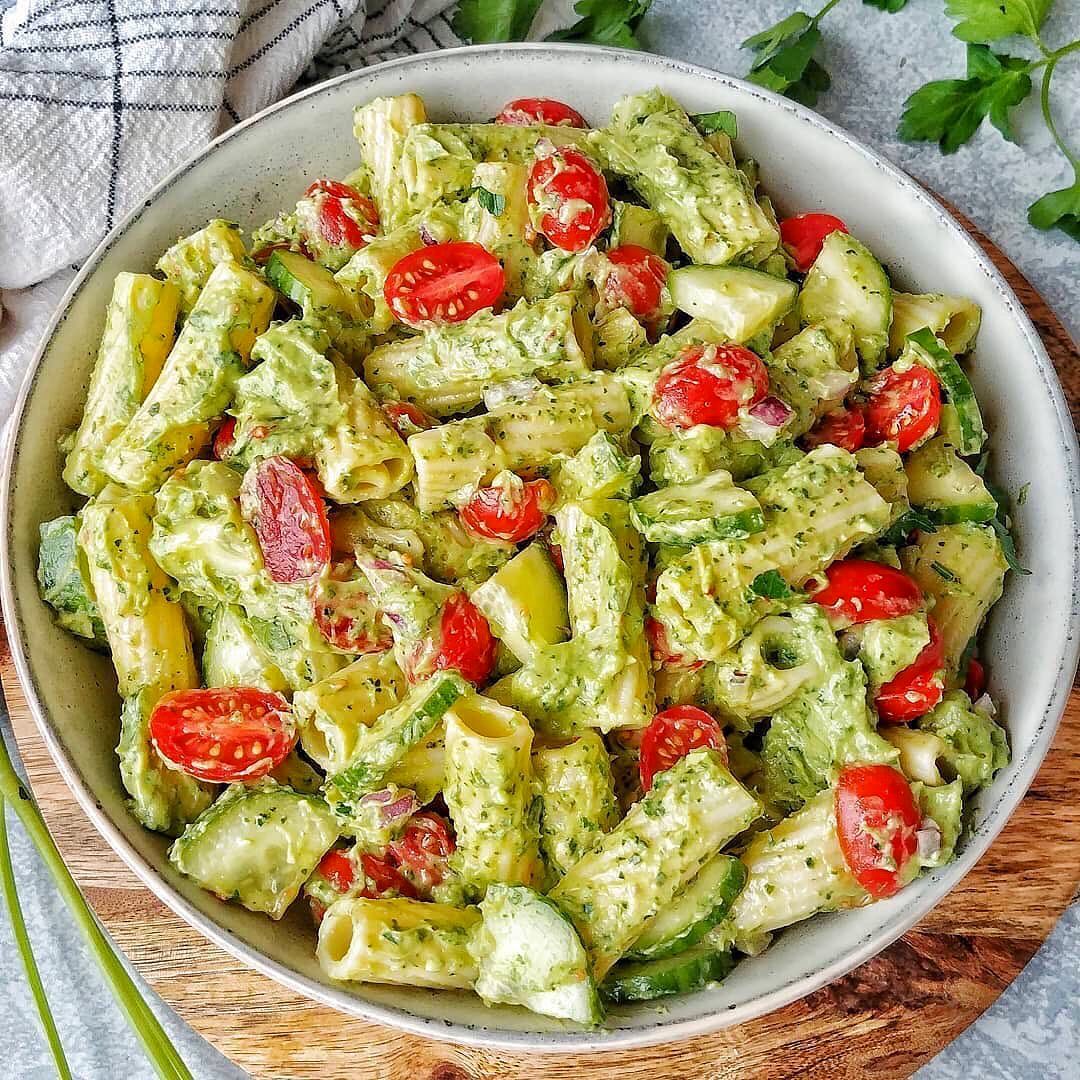 Rigatoni Tomato Cucumber Salad with Avocado Parsley Pesto