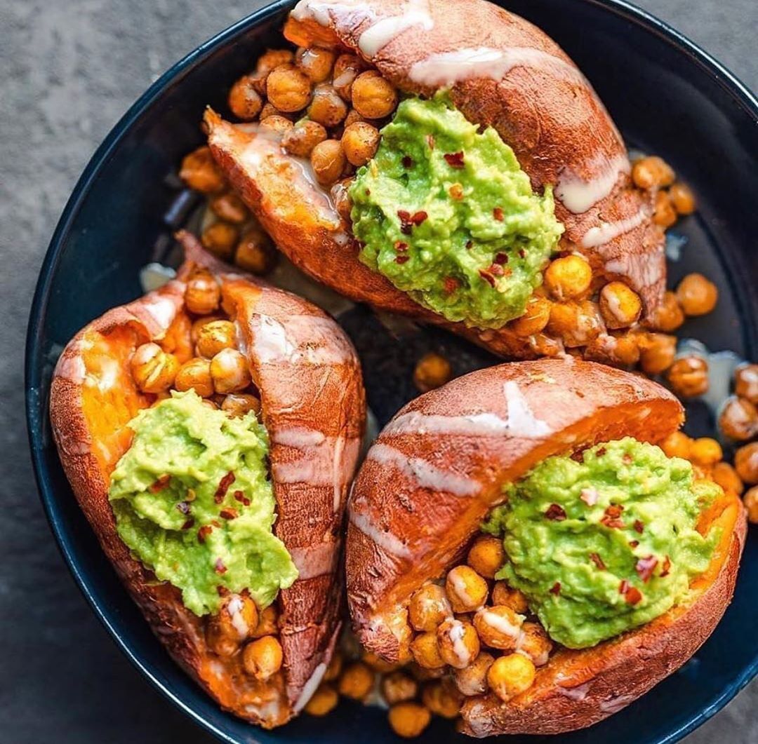 Baked Sweet Potatoes with Tandoori Spiced Chickpeas