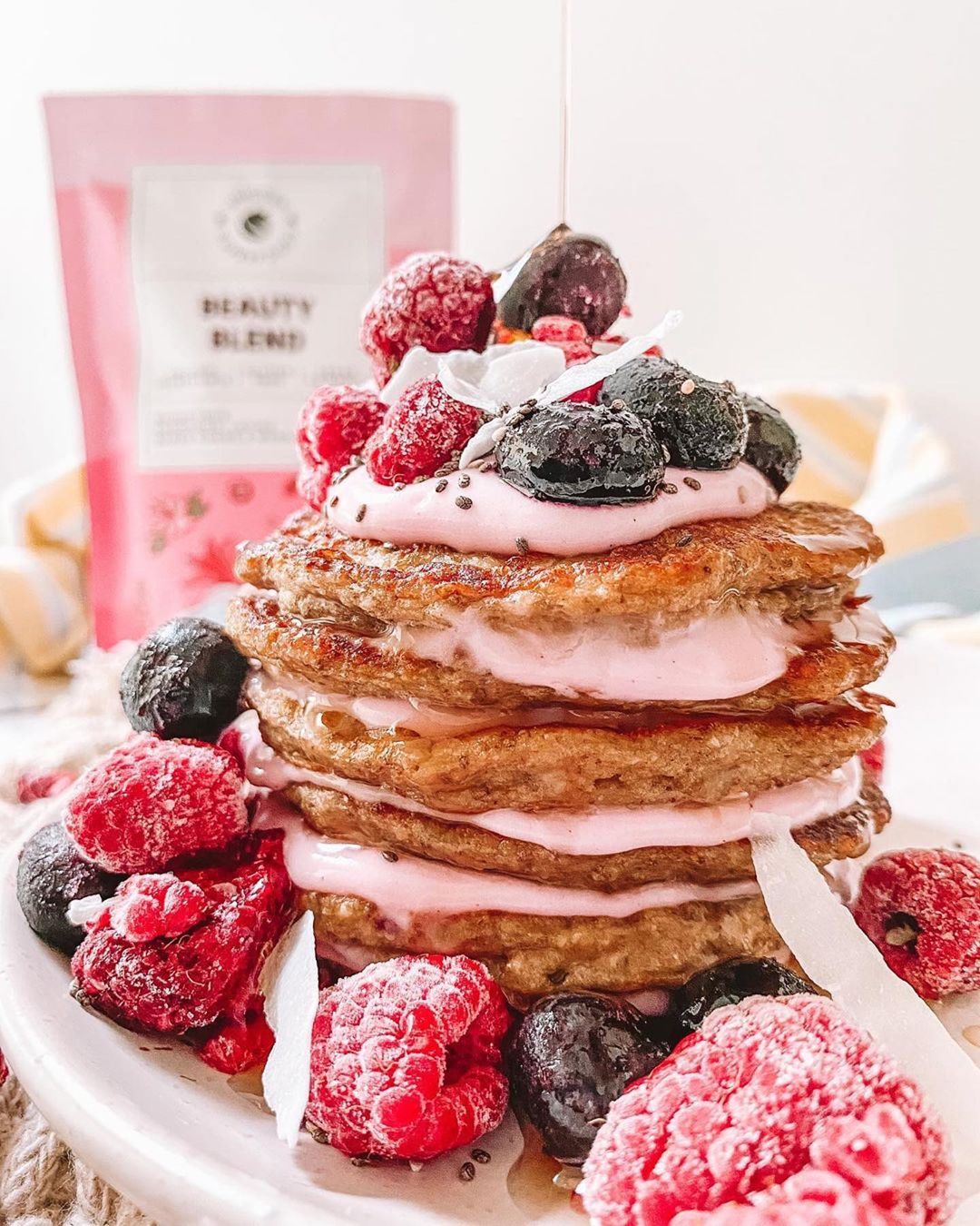 Pink Pancake Stack with Colorful Toppings