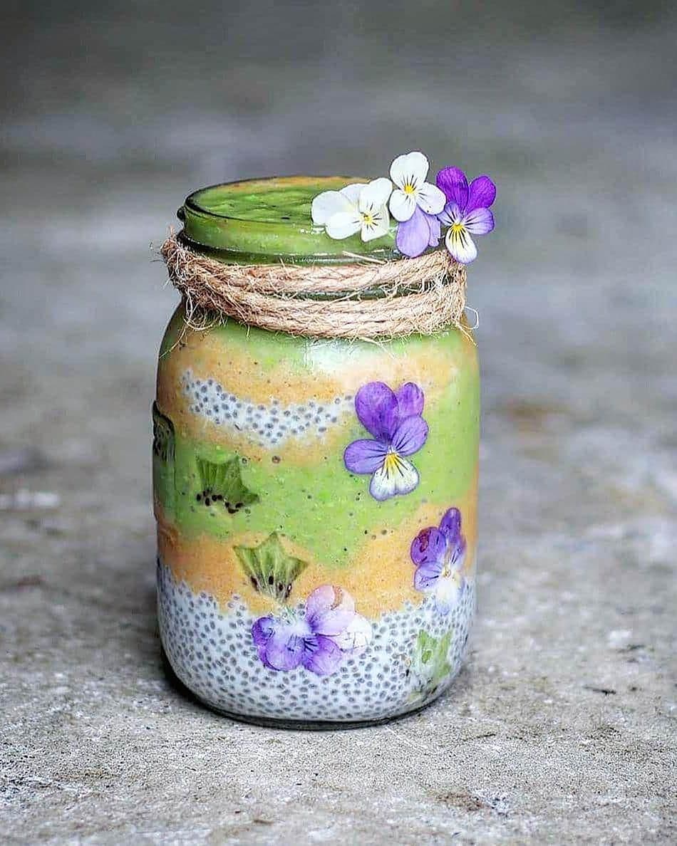 Healthy Breakfast Jar with Matcha and Fruits