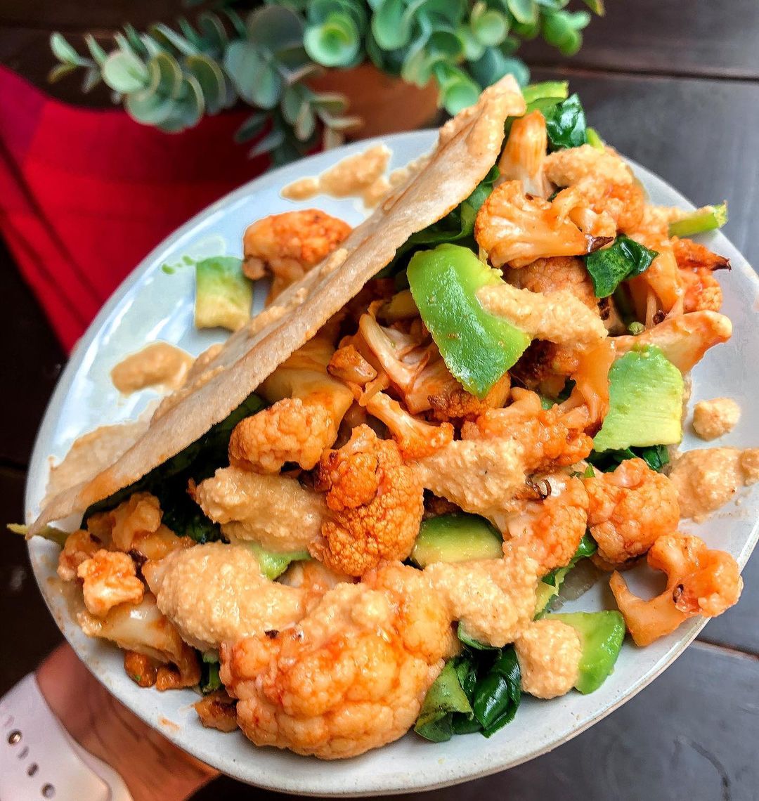 Buffalo Cauliflower Tacos with Cashew Cheese Sauce